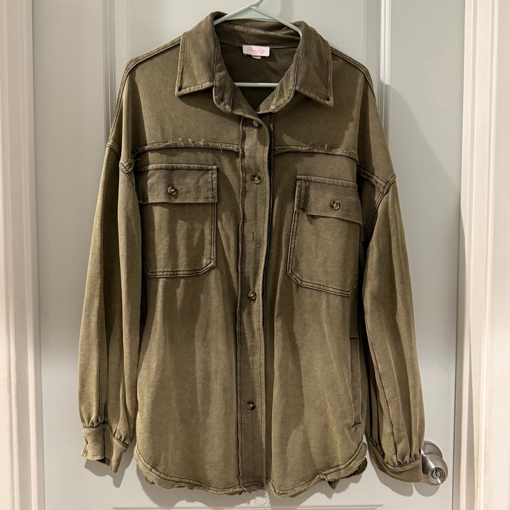 Pink Lily Oversized Olive Distressed Button Up Jacket